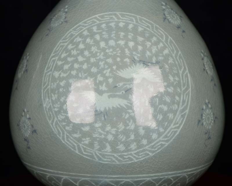 ■TC13■高麗青磁 刻花 団鶴紋 瓢簞瓶 回流品火漆印 時代物 古玩 唐物 古陶磁器■