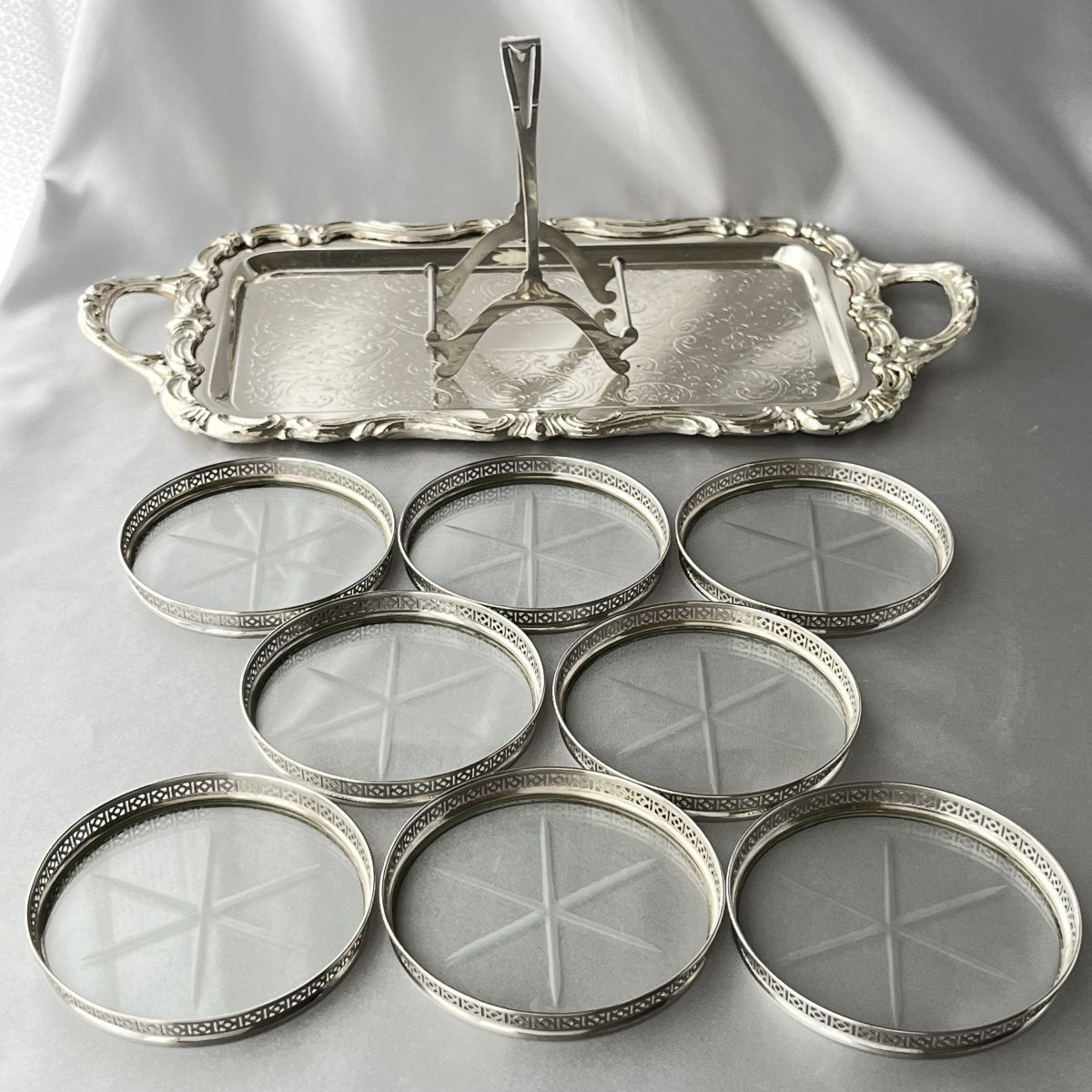 【純銀 / ガラス】ワイングラスコースター 4枚 スターリングシルバー ホルダー 純銀 / ガラス】ワイングラスコースター 4枚 スターリングシルバー