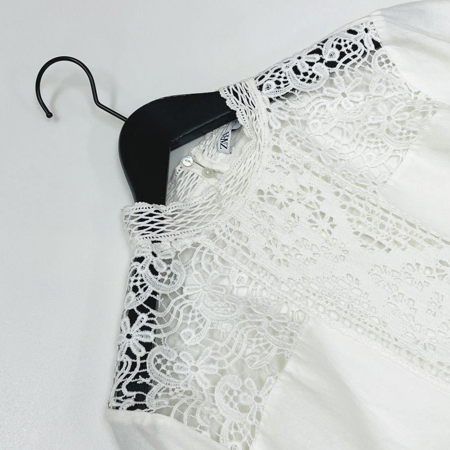ZARA /L/ ホワイト 長袖ブラウス レディース カジュアル レーストップス 通勤 フェミニン 大人可愛い生地コットン リネン デイリー ザラ_画像2