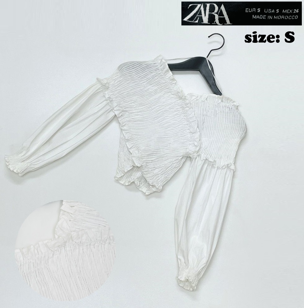 ZARA /S/ ホワイト パフスリーブブラウス レディース カジュアル 長袖トップス フェミニン大人可愛いVネック 生地 コットン デイリー ザラ