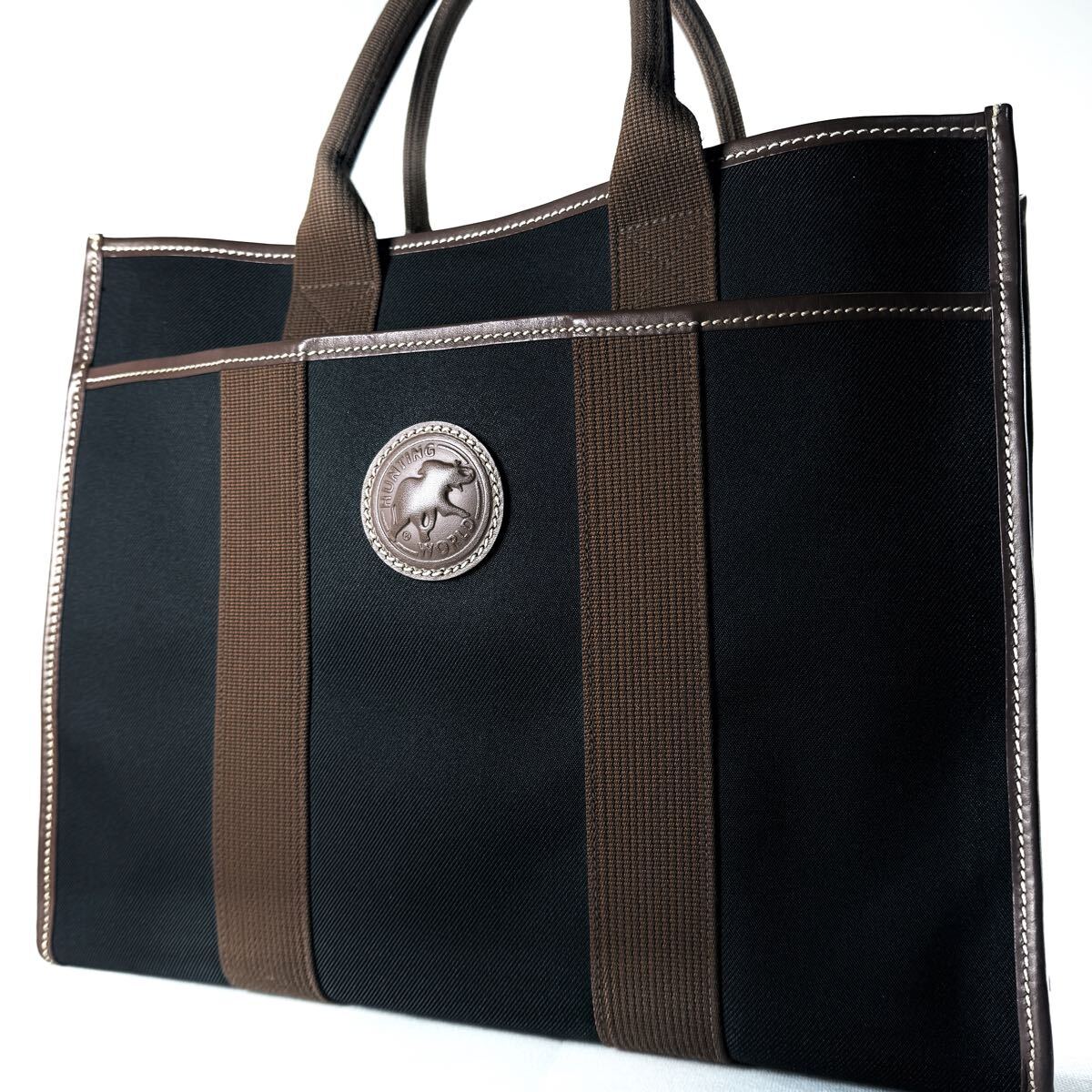 ハンティングワールド HUNTING WORLD トートバッグ - ジャガード×レザー カーキ×レッド バッグ ハンティングワールド トートバッグ ハンティングワールド HUNTING