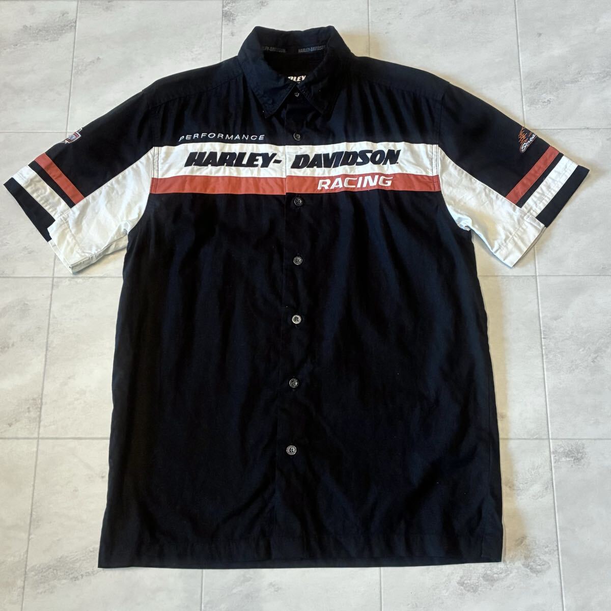 HARLEY DAVIDSON RACING ハーレーダビッドソン ロゴ 刺繍 ピットシャツ 半袖シャツ_画像1