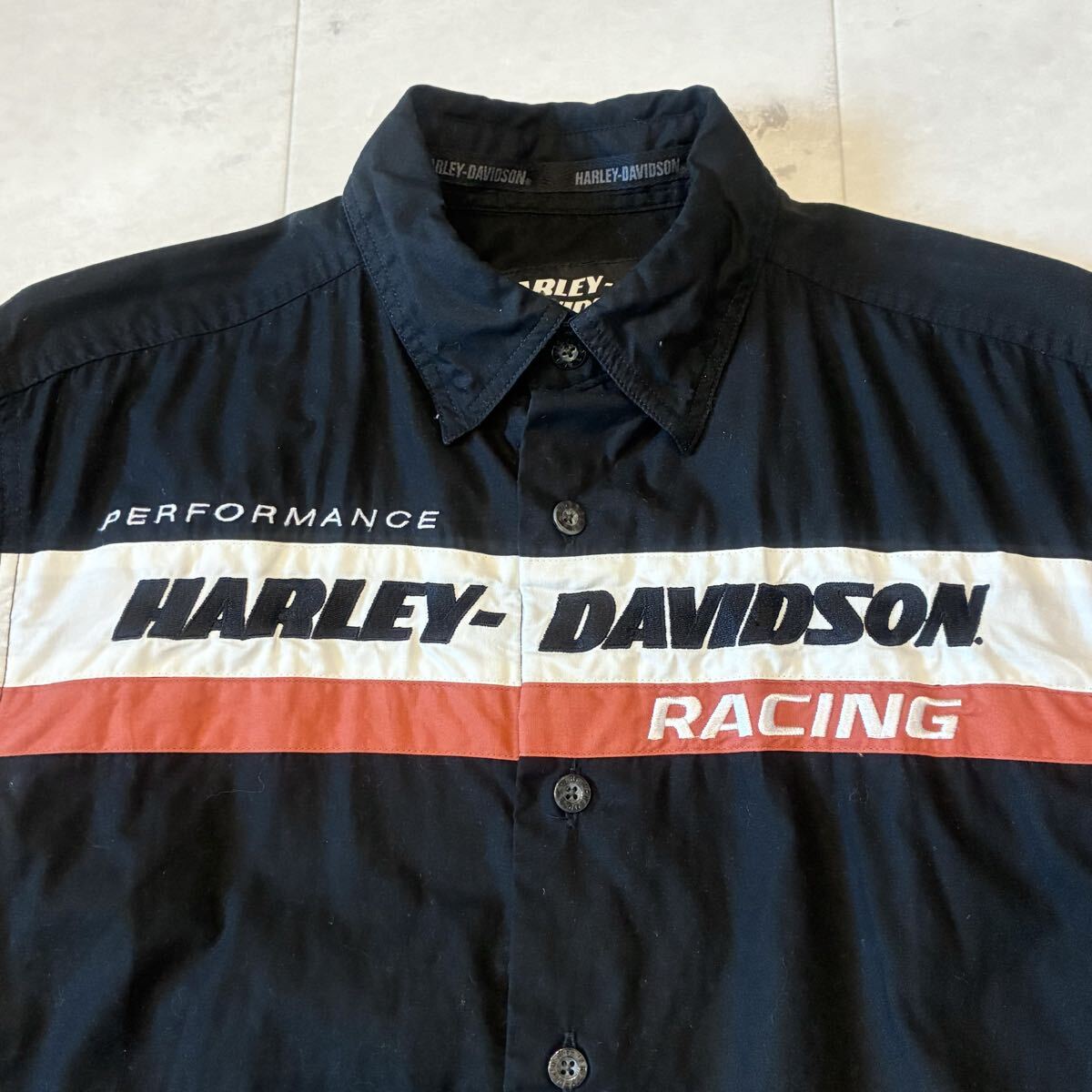 HARLEY DAVIDSON RACING ハーレーダビッドソン ロゴ 刺繍 ピットシャツ 半袖シャツ_画像3