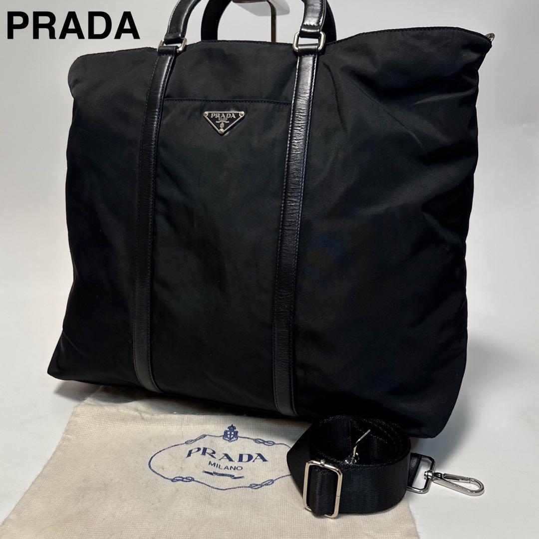 美品✨PRADA トートバッグ 肩掛け 三角ロゴ ナイロン レザー 黒 s02【美品】プラダ PRADA 三角ロゴ ナイロン レザー ブラック 黒