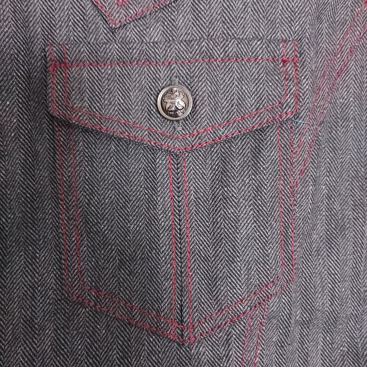 【新品未使用】A.S.M★アトリエサブメン★ヘリンボーン デニム ウエスタンシャツ ジャケット エンブレム釦 赤ステッチ M 19,950円を_画像5