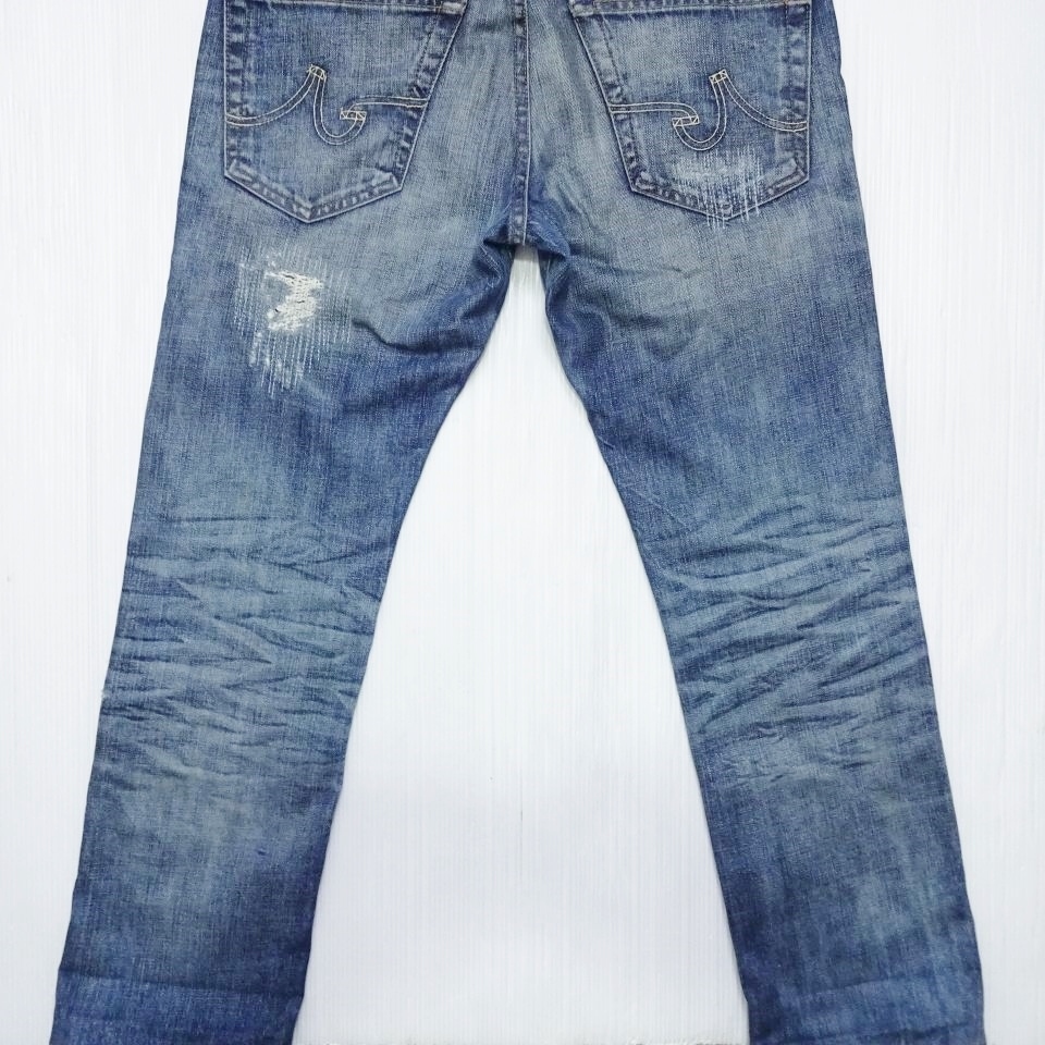即決★ 送料無★ AG　TAMBOURINE　W82cm　ストレートレッグデニム　クラッシュリペア加工　藍青　USA製　Sz.29　J203_画像10