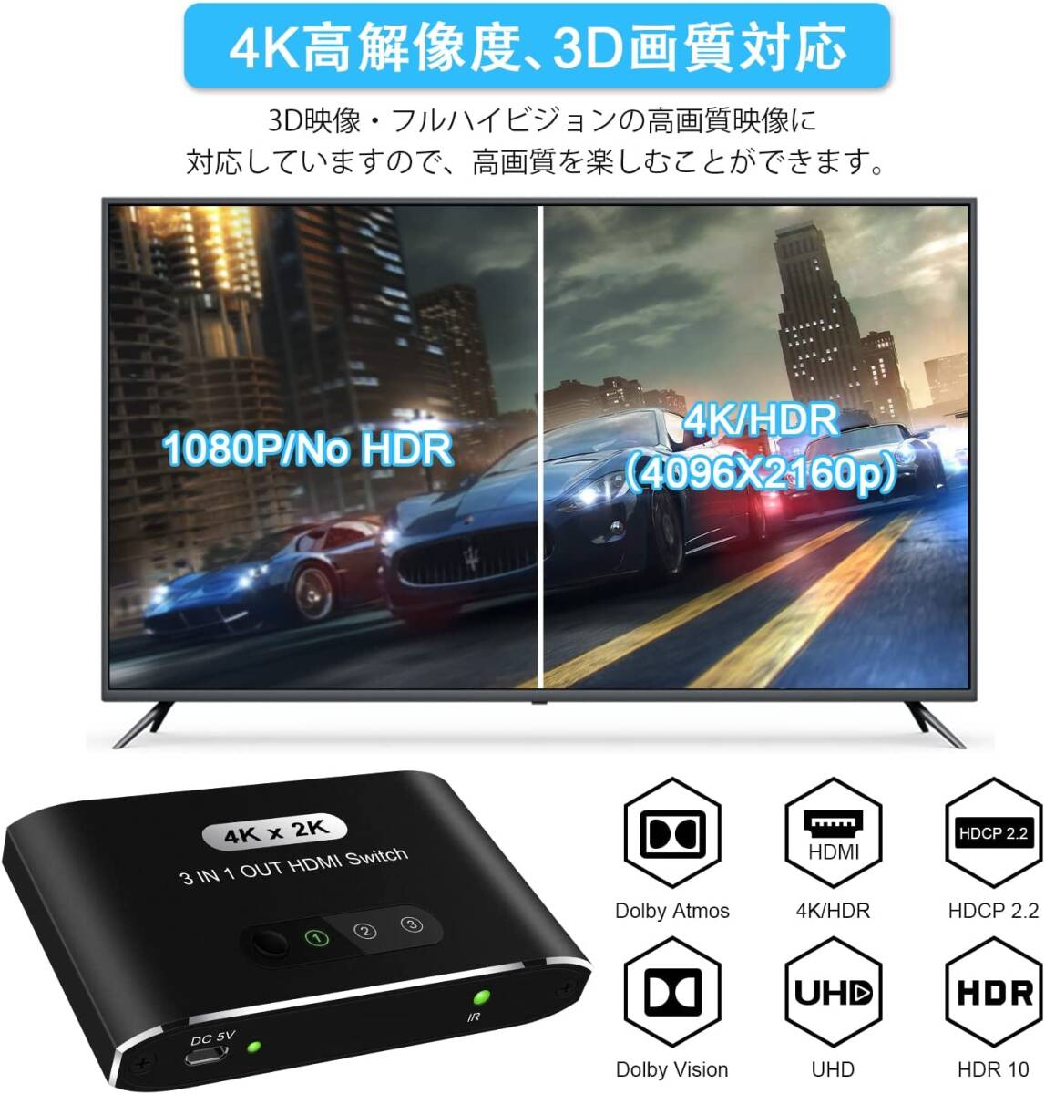 HDMI 切替器 3入力1出力 HDMI セレクター HDMI 分配器 自動/手動切り替え リモコン長距離操作 4Kx 2K/1080p/3D視覚効果 金メッキポート搭載_画像2