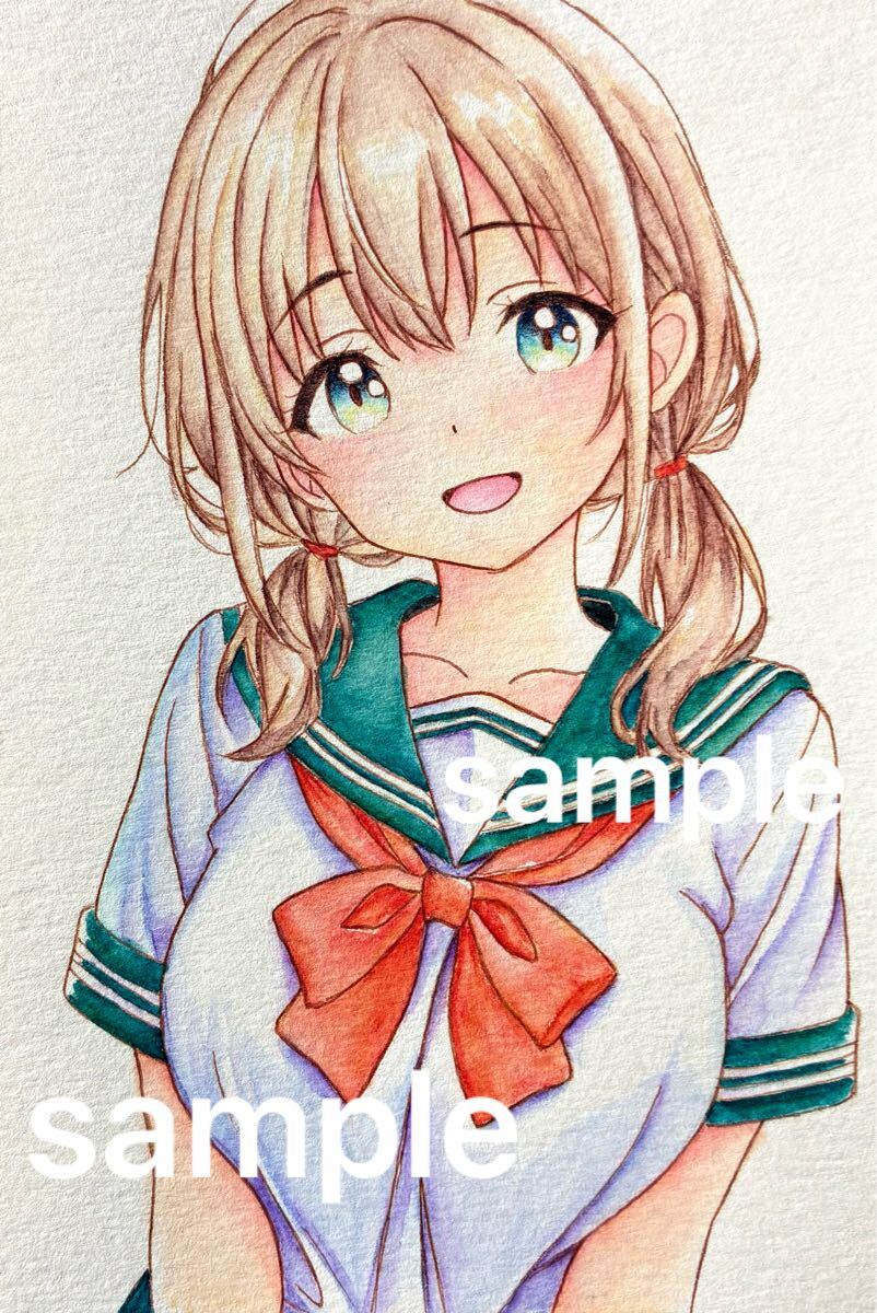 ◇ オリジナル ◇ 手描きイラスト ◆ セーラー服 女の子 ◆ 【ハガキサイズ】水彩 ◆ 原画 ◆