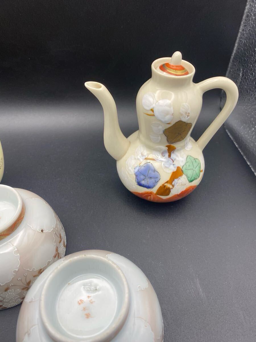 九谷焼 九谷鏑木 芦雁図 宝瓶 湯冷まし 煎茶碗 煎茶器 茶道具 鏑木 鏑木 九谷 細密画 花図 まとめて 5点 時代物 煎茶道具 湯冷まし