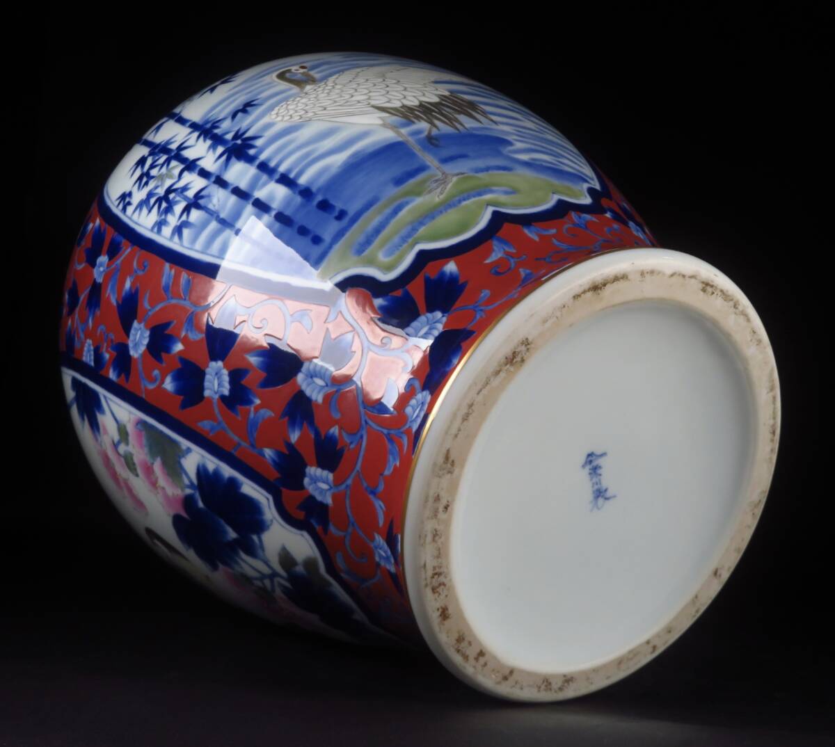 【SAKURAYA】【三方割花鳥外濃文花瓶/宮內庁御用達 深川制磁】染錦 赤地 金彩 窓絵 飾壺 壷 花器 細密絵付 共箱 骨董品 古美術品 高さ32cm