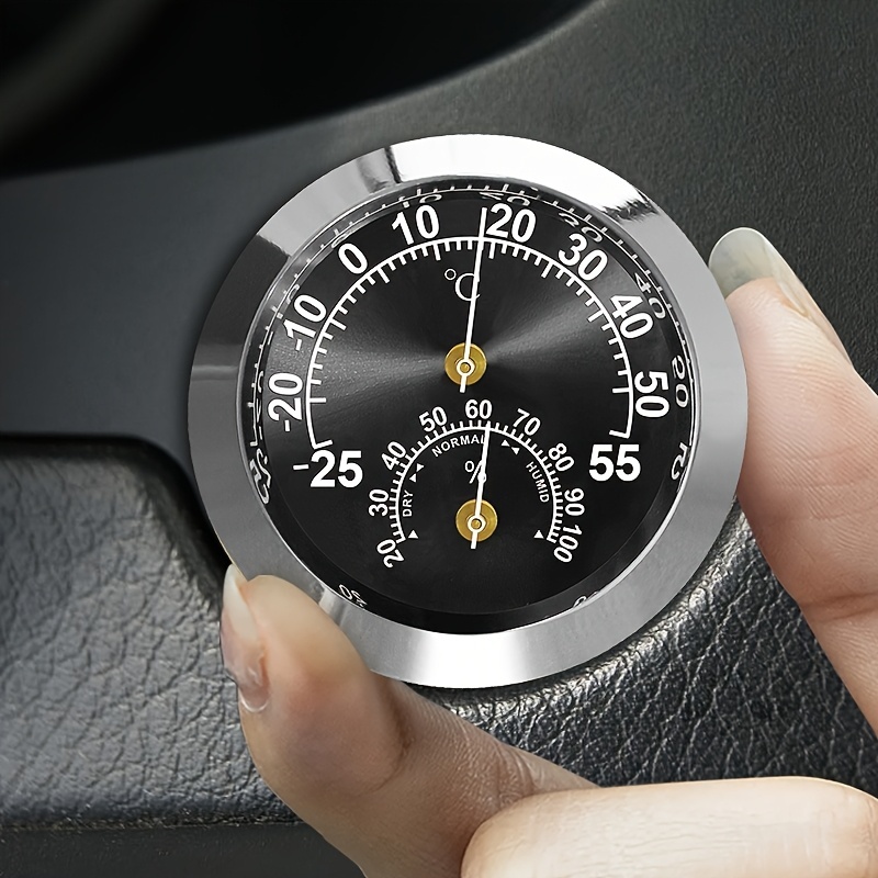温度計 湿度計 アナログ 車用 ブラック 黒 ミニ ステンレス 金属ケース 車載用 丸型 5cm ダッシュボード シール 電池不要 見やすい t6208_画像1