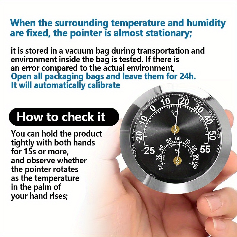 温度計 湿度計 アナログ 車用 ブラック 黒 ミニ ステンレス 金属ケース 車載用 丸型 5cm ダッシュボード シール 電池不要 見やすい t6208_画像2