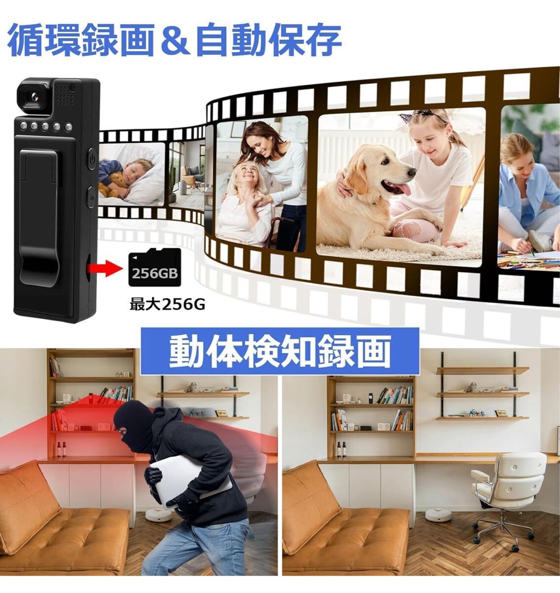 ハンディカメラ 小型カメラ ビデオカメラ 防犯カメラ ボディカメラ クリップ式 ボイスレコーダー 小型 回転レンズ