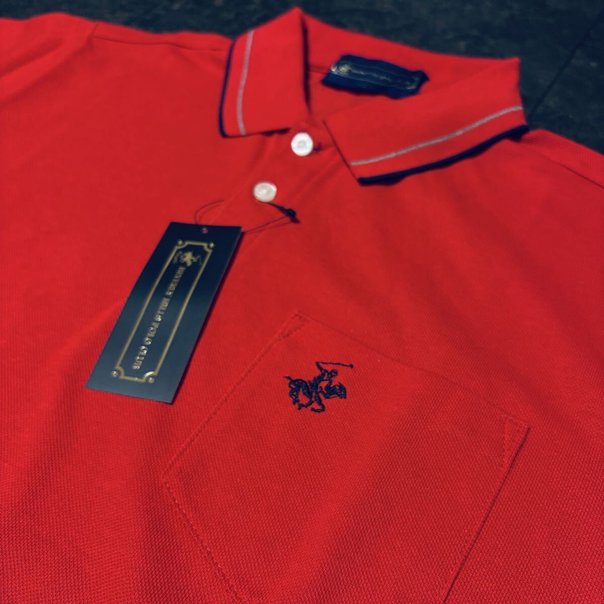 Lサイズ 送料無料 ビバリーヒルズポロクラブ 半袖 ポロシャツ メンズ 新品 ワンポイント 春夏 ゴルフ 通気性 赤 レッド 胸ポケット_画像1