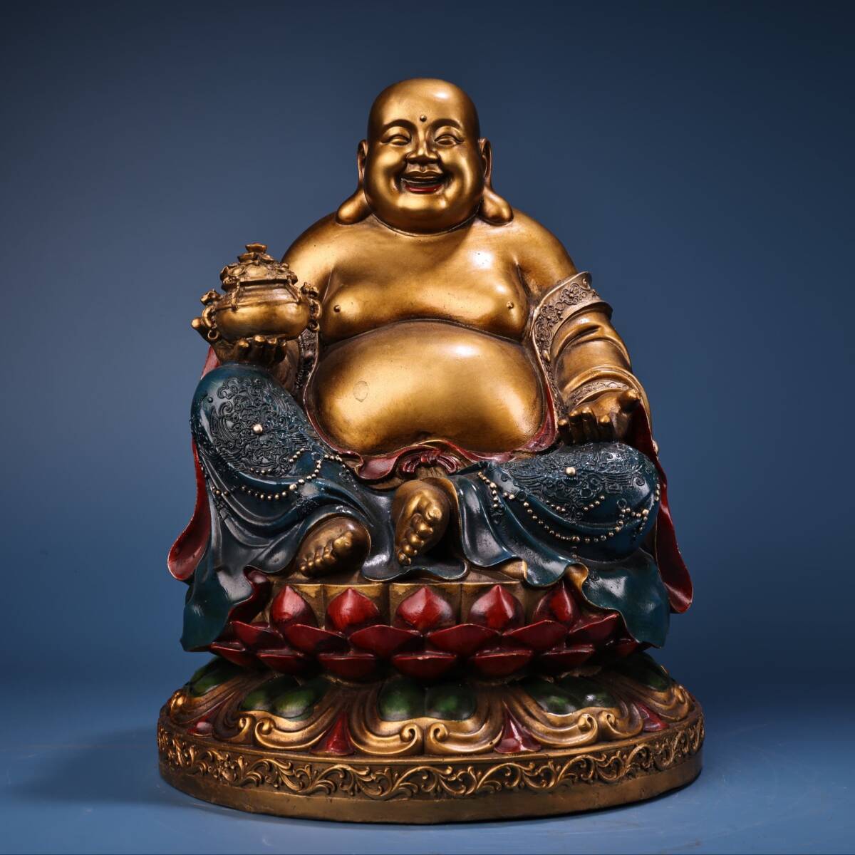 ▽鴻▽ 銅製 描金 彩繪 彌勒仏 仏像 宗教 仏教古美術 供養品 古賞物 古董品 時代物 稀少珍品 中国古玩 中国古美術