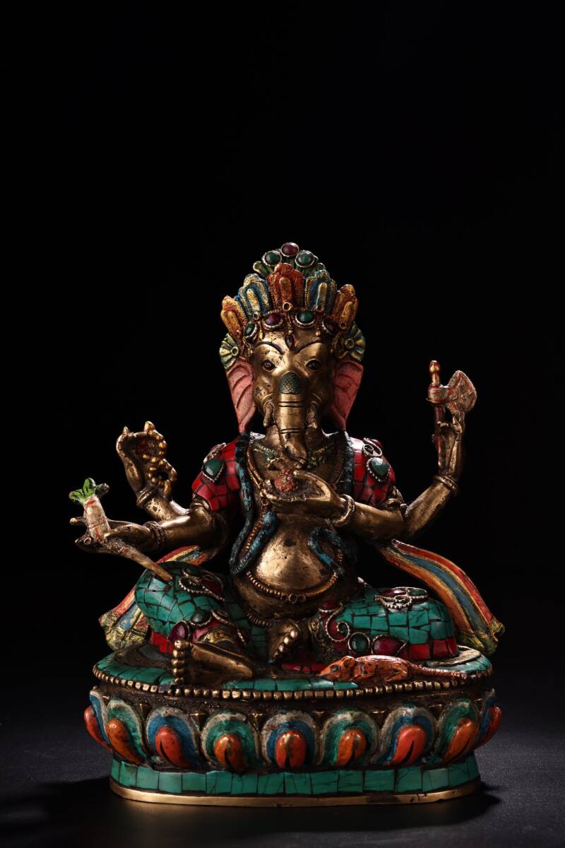 ▽鴻▽ 銅製 寶石嵌 描金 彩繪 象鼻財神像 仏像 宗教 仏教古