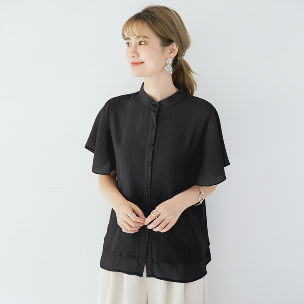 ☆ ブラック ☆ Mサイズ ☆ レディース ブラウス シャツ ふんわり袖 gtops4134 シャツ ブラウス レディース 半袖 大人 ファッション 春 夏_画像1