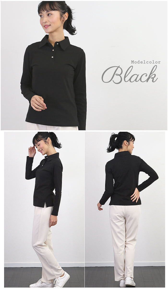 ☆ ブラック ☆ XXLサイズ カットソー レディース vネック 通販 トップス 春 シャツ オフィス tops 白 おしゃれ 襟付き ロンt ボタン付き_画像6