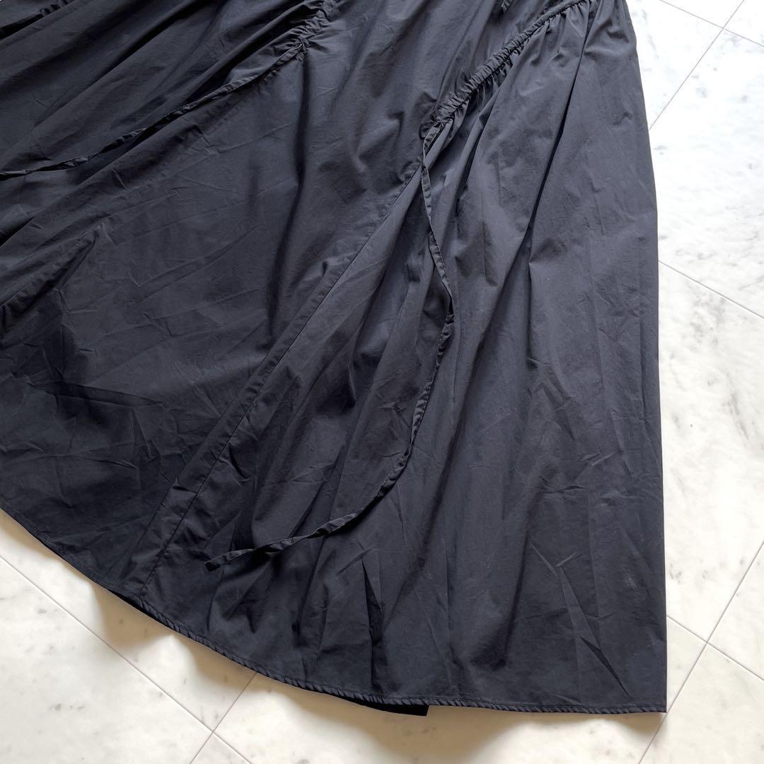 美品 アンスリード UN3D. ロングワンピース 半袖 フレンチスリーブ Aライン ギャザー リボン フレアスカート ブラック 黒 36_画像4