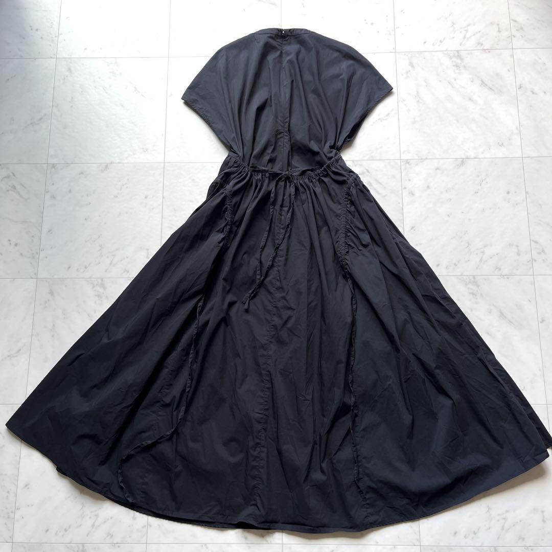 美品 アンスリード UN3D. ロングワンピース 半袖 フレンチスリーブ Aライン ギャザー リボン フレアスカート ブラック 黒 36_画像5