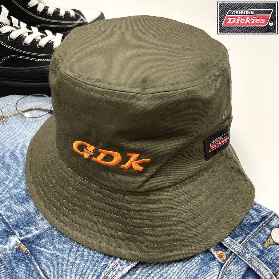 Dickies グリーン系 バケットハット 帽子 スポーツ ゴルフ アウトドア キャンプ バイクオートバイ ブラックタグ オレンジ刺繍 ディッキーズ_画像1