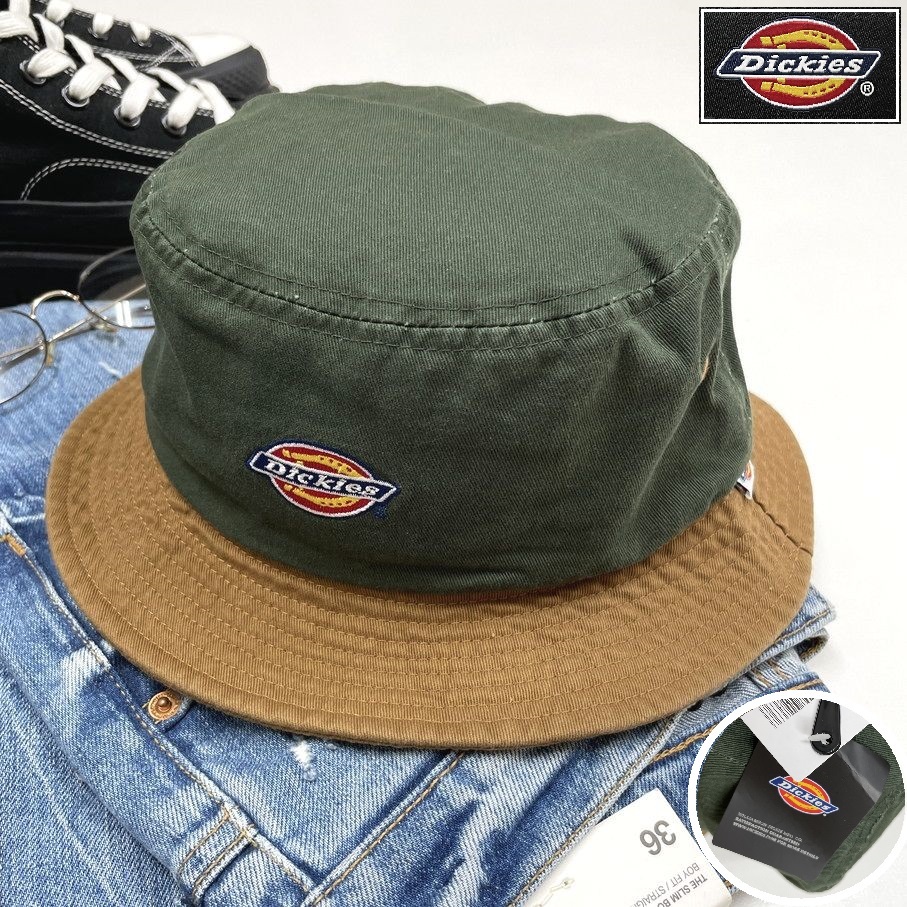 Dickies グリーン×ブラウン バケットハット 帽子 スポーツ ゴルフ バイク キャンプ アウトドア オートバイ釣り ホワイトタグ ディッキーズ_画像1