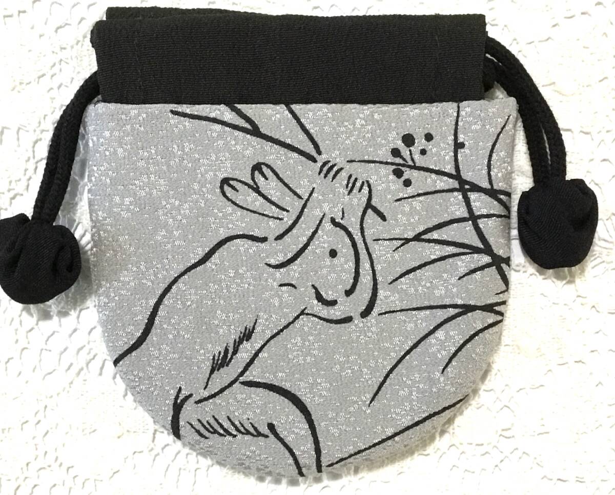 古布870ソフト小袋・絹(鳥獣戯画・兎・僅か柄)時代着物地_画像5