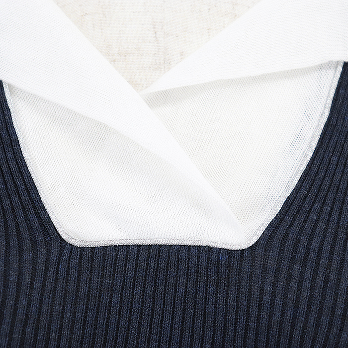 【美品】CHANEL シャネル ブラウス 08C P32410 ニット ロゴ 刺繍 COCOLINEマーク ボタン 長袖 トップス レディース サイズ 38 紺 白 伊制