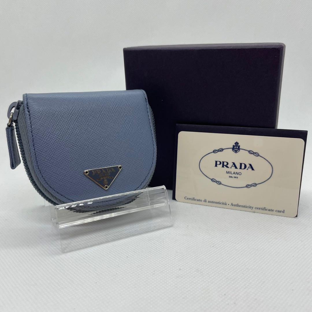 【未使用級/付属品完備】PRADA プラダ コインケース コンパクト財布 ミニ財布 ラウンドファスナー レザー ブルー 青 レディース メンズ_画像1