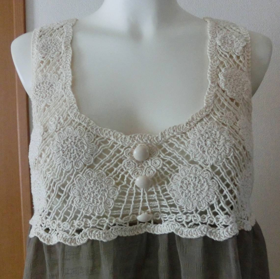 美品 SOSPITA ノースリーブ チュニック ベスト ワンピース 重ね着 レディース 透け感 ナチュナル カジュアル レース 茶系 Mサイズ 可愛いい_画像2