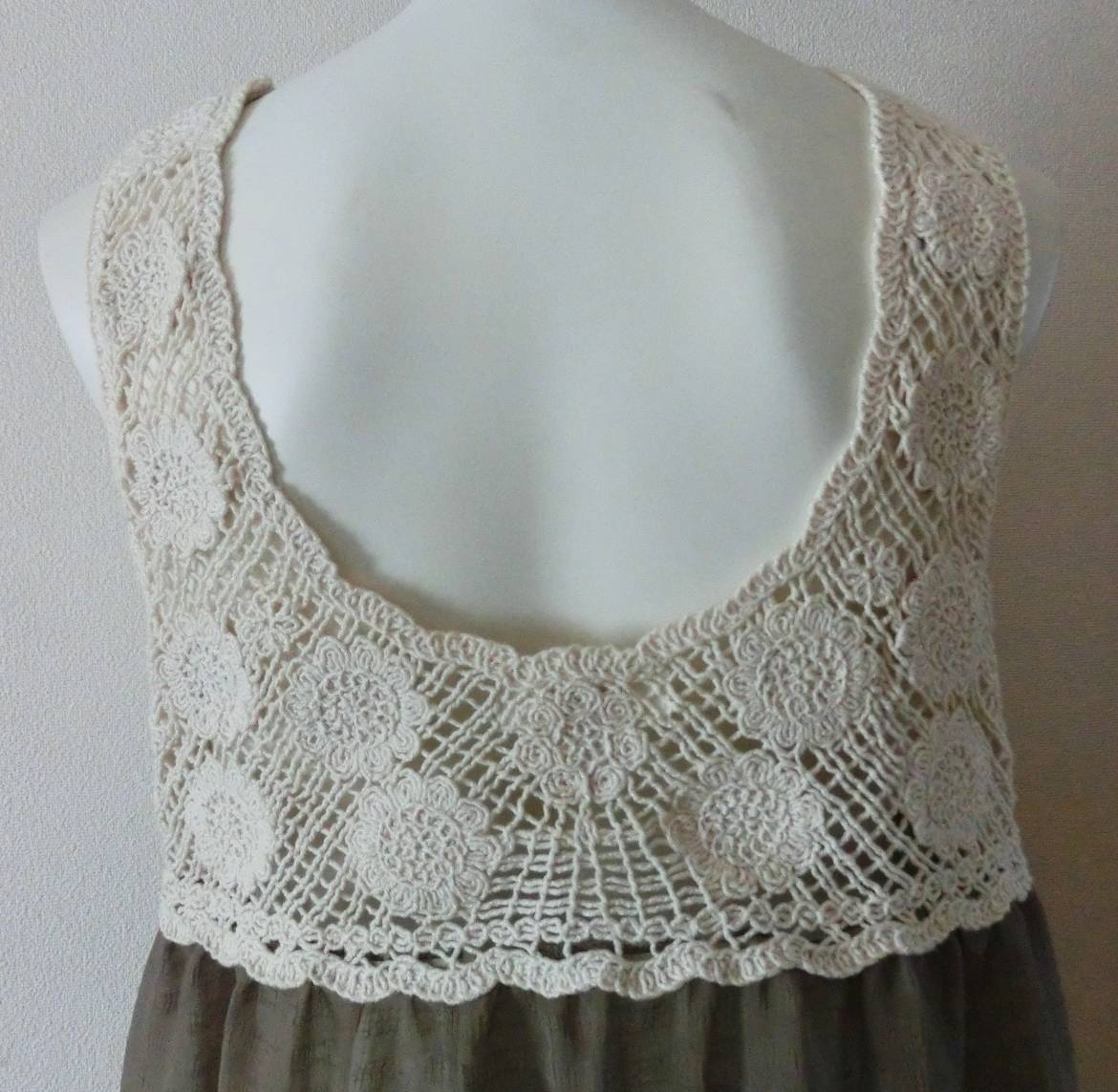 美品 SOSPITA ノースリーブ チュニック ベスト ワンピース 重ね着 レディース 透け感 ナチュナル カジュアル レース 茶系 Mサイズ 可愛いい_画像6