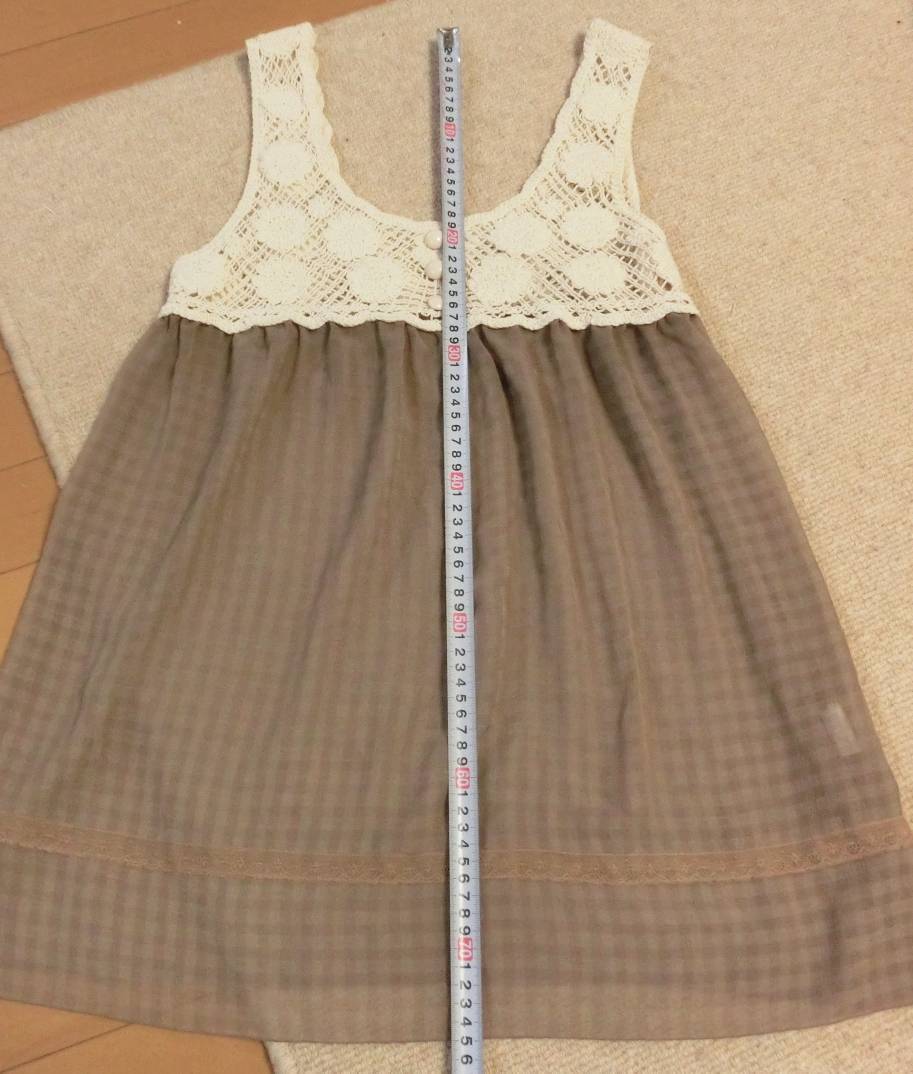 美品 SOSPITA ノースリーブ チュニック ベスト ワンピース 重ね着 レディース 透け感 ナチュナル カジュアル レース 茶系 Mサイズ 可愛いい_画像9