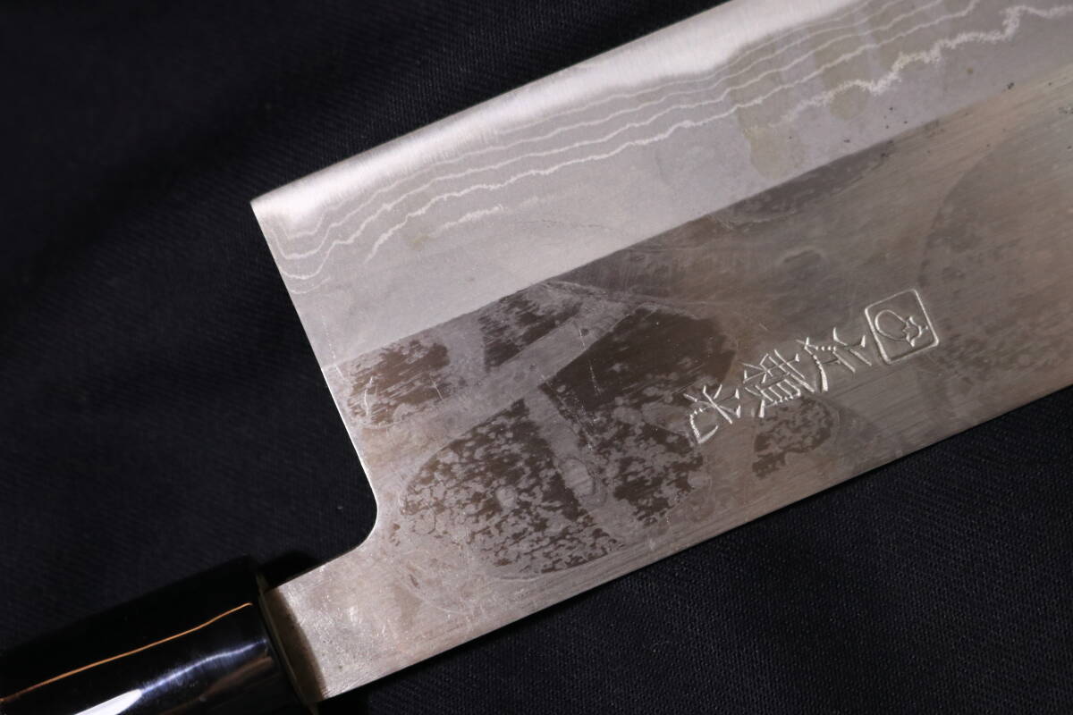 165mm 墨流し 西型 菜切り包丁在銘 左頼光 堺刃物_画像3