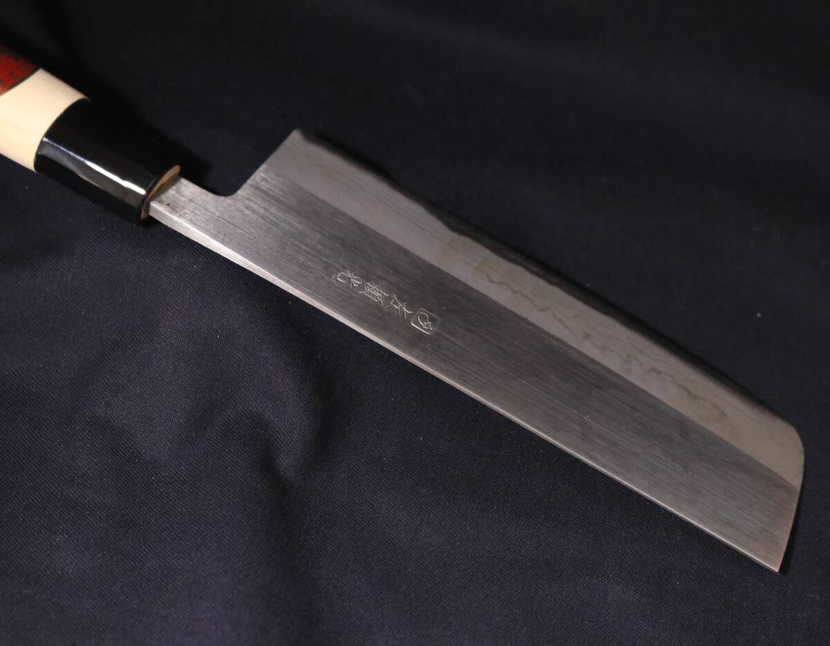 165mm 墨流し 西型 菜切り包丁在銘 左頼光 堺刃物_画像10