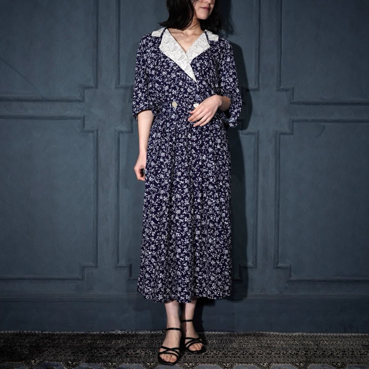 希少 レア USA vintage お花のワンピース 蚤の市 USA VINTAGE karin stevens FLOWER PATTERNED LACE COLLAR