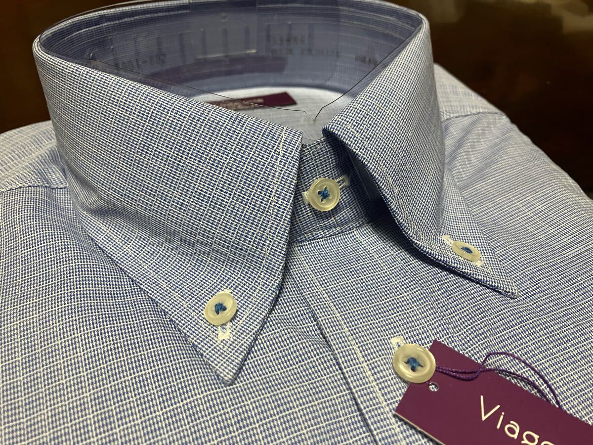 百貨店販売品 Viaggiante☆形態安定 ブルーチェックワイシャツ L(40-84) ボタンダウン スーパースリム 送料無料_画像5