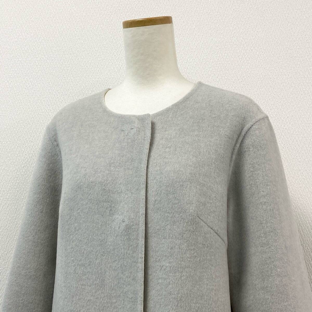 18f20 Rene ルネ ノーカラーコート サファイアミンクファーポケット ロングコート 毛皮 日本制 36 グレー ウール レディース