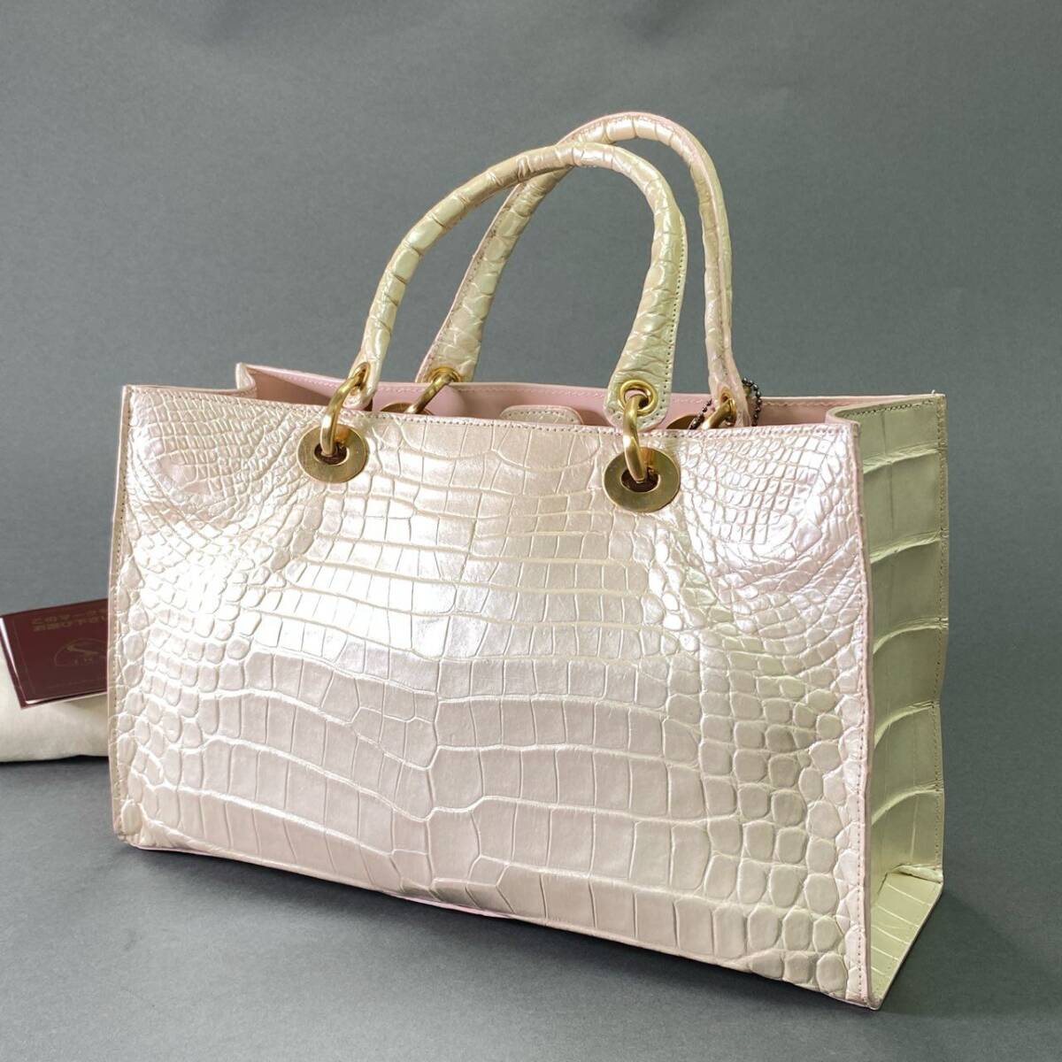 Fe18 《美品》 JRA認定☆ SANPO サンポー クロコダイルレザー センター取り トートバッグ 本クロコ シャンパンゴールド ワニ革_画像1