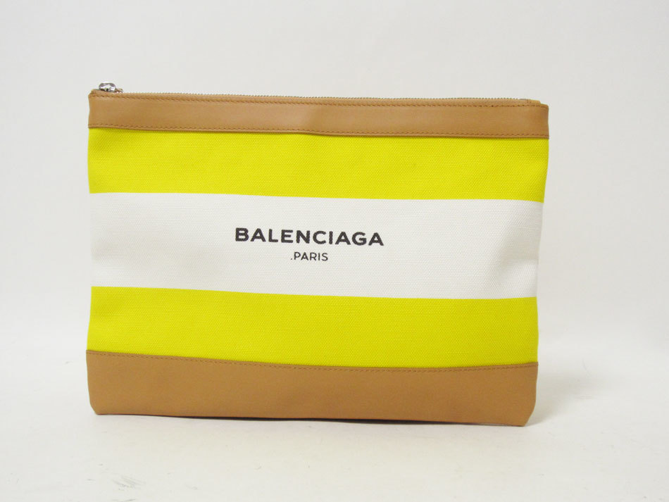 送料無料 BALENCIAGA バレンシアガ ネイビークリップM クラッチバッグ セカンドバッグ キャンバス レザー イエロー ホワイト 420407 超美品