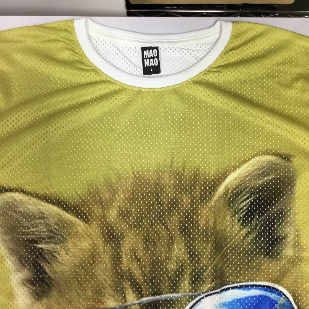 デザインメッシュ半袖Tシャツ Lサイズ　かわいい猫柄　ティアドロップサングラスをかけたネコ　DBR4B