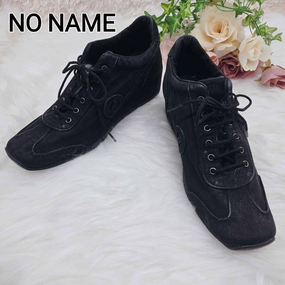 【no name】ウェッジソール シューズ 24.0 美品】NO NAME ノーネーム レディース デニム × レザー ウェッジ