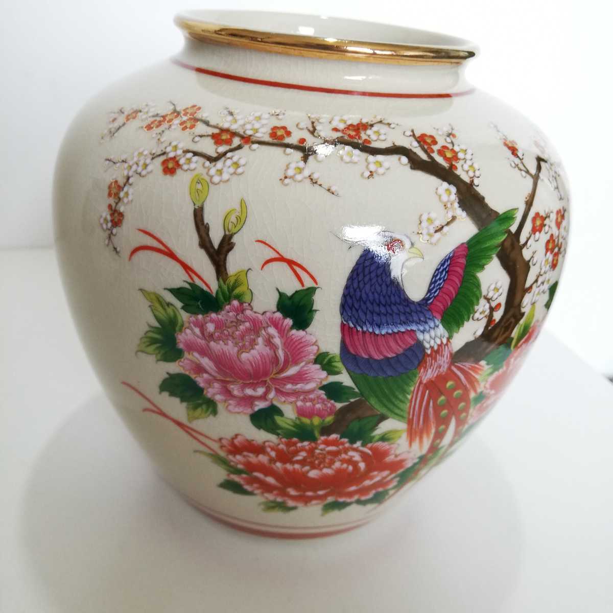 九谷焼 九谷陶真 陶真銘 色絵花鳥文花瓶 H19.4cm [壺 壷 花瓶 花入 日本美術 日本製 雉 梅牡丹]_画像2