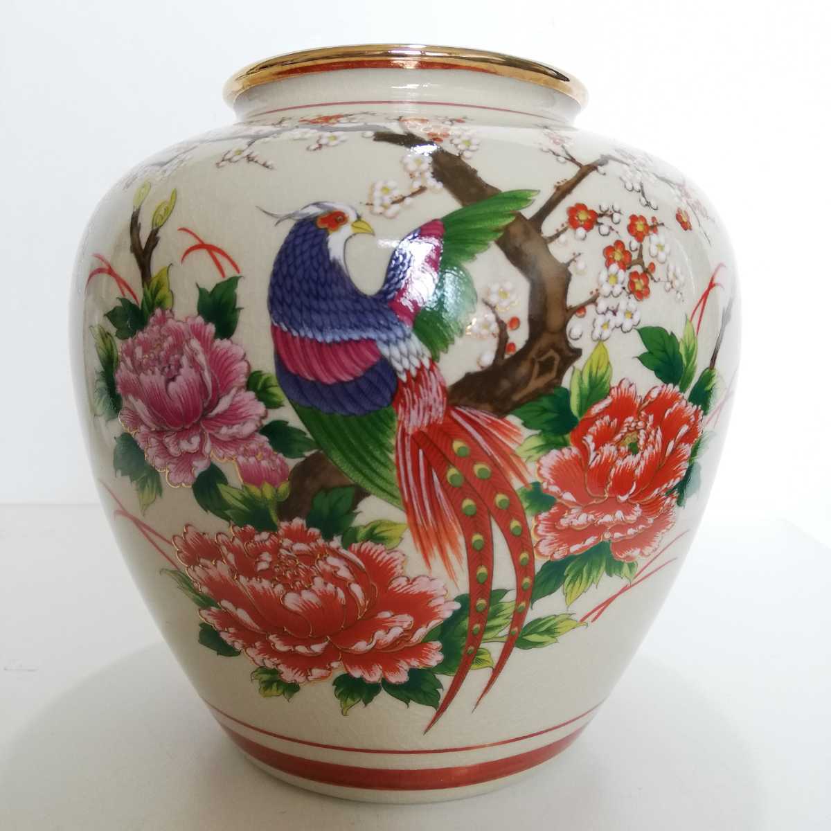 九谷焼 九谷陶真 陶真銘 色絵花鳥文花瓶 H19.4cm [壺 壷 花瓶 花入 日本美術 日本製 雉 梅牡丹]_画像1