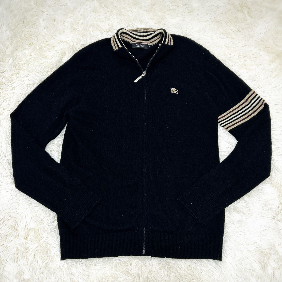 美品 BURBERRY BLACK LABEL ドライバーズニット ブラック バーバリーブラックレーベル カシミア混 ジップ ニット