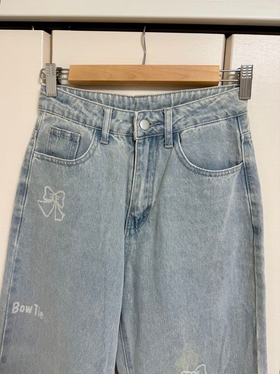【Cider】デニムポケット ワイドレッグ ジーンズ リボン★送関込 SHEIN シーイン Dazy デニム リボン バレエコア ジーンズ