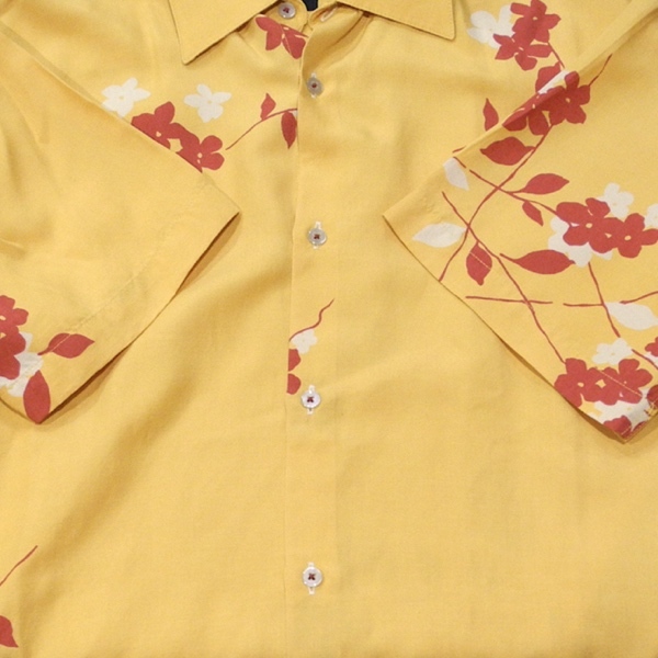 ICB アイシービー オンワード デザイン 花柄 アロハシャツ 半袖シャツ ドレスシャツ 総柄 山吹色 3 美品の画像5