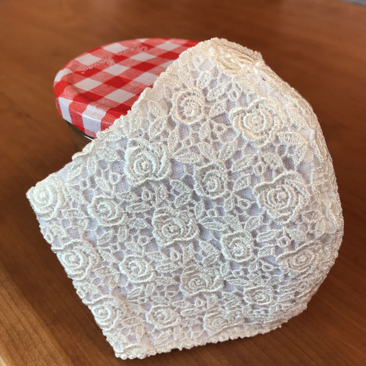 豪華薔薇ケミカルレース ホワイトリネン 涼感ガーゼ インナーマスク エレガント ハンドメイド ローズ 刺繍 上品 夏用 花柄