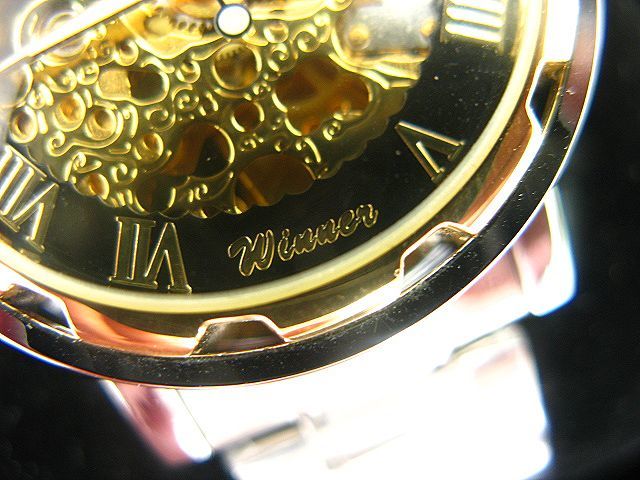 WINNER/ウイナー☆フルスケルトンメンズ腕時計(BCG32/ゴールド×ステンレス/自動巻き/透かし彫り/メタルバンド)新品未使用_画像4