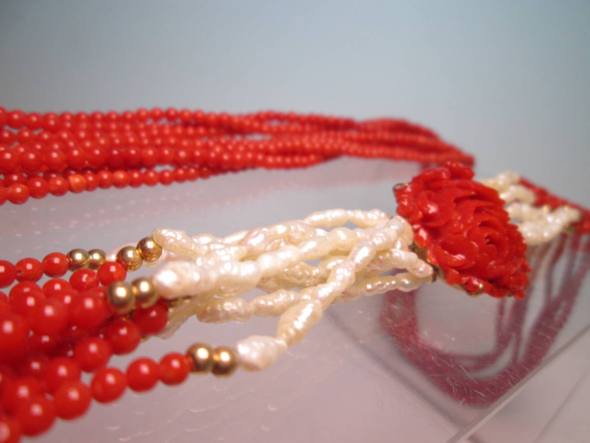 [. month ]18K. red .... sculpture attaching red .. sphere & fresh water pearl 8 ream. volume long necklace 96g