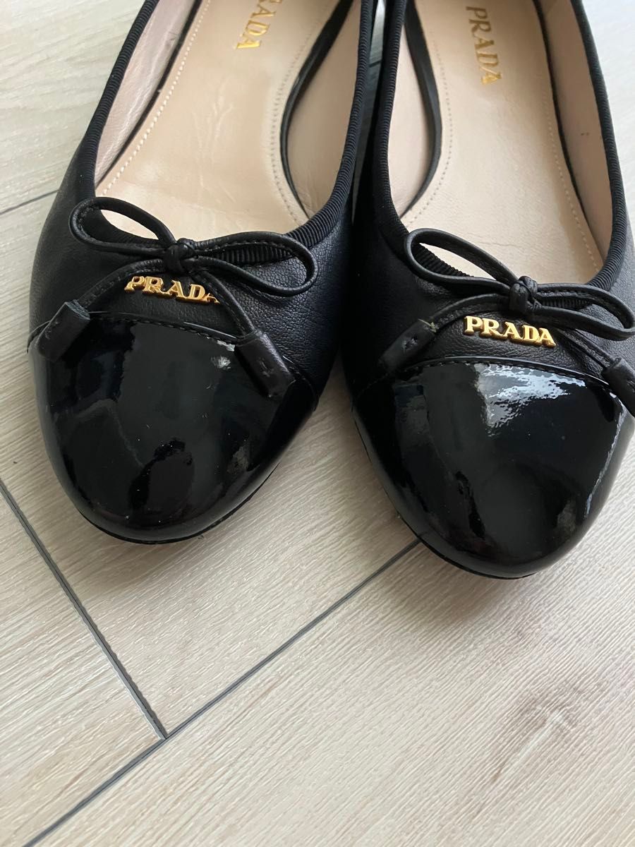 PRADA プラダ フラット パンプス リボン レザー ブラック ロゴ入り PRADA プラダ リボンフラットシューズ ブラック 37 1/2|Yahoo